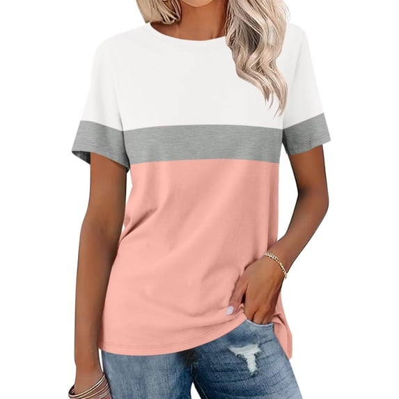 Vmvidoty Womens Popular Tops Color Block Ruffled Crewneck Women Striped Summer Casual Tee Loose Fit Shirt Pink L