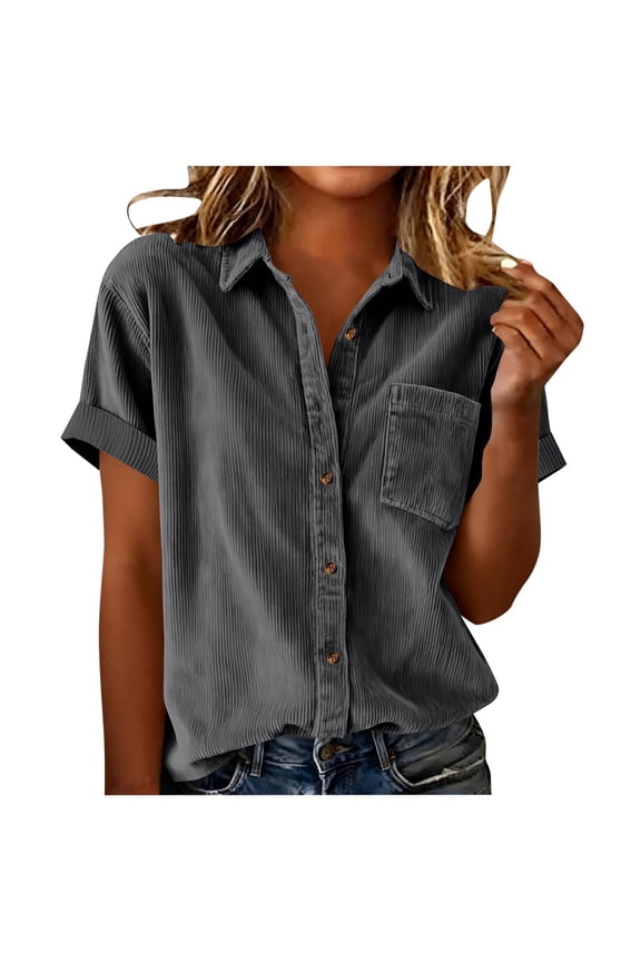 Womens Short Sleeve Shirts V Neck Collared Button Down Shirt Tops with Pockets Dark Gray L