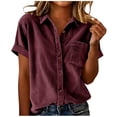 thumbnail image 1 of Vmvidoty Womens Short Sleeve Shirts V Neck Collared Button Down Shirt Tops with Pockets Wine L, 1 of 5
