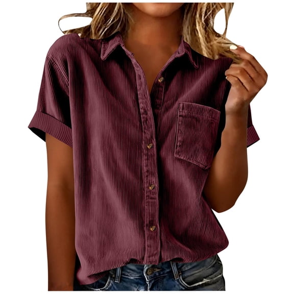 Vmvidoty Womens Short Sleeve Shirts V Neck Collared Button Down Shirt Tops with Pockets Wine L