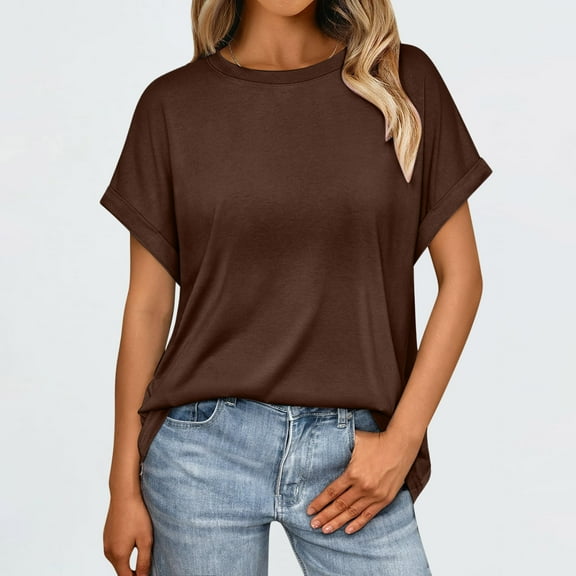 Vmvidoty Womens Short Sleeve T Shirts Crewneck Tops Summer Trendy Comfy Casual Basic Tee Shirt Brown L