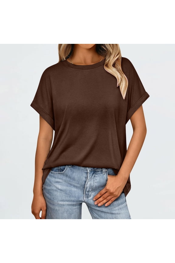 Womens Short Sleeve T Shirts Crewneck Tops Summer Trendy Comfy Casual Basic Tee Shirt Brown L