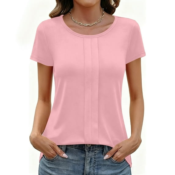Vmvidoty Womens Short Sleeve T Shirts Summer Pleated Tops Casual Crewneck Tees Pink XXL