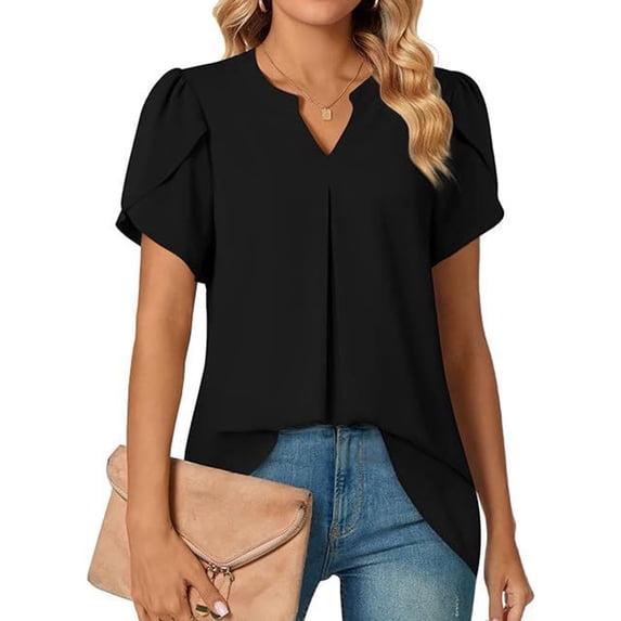Vmvidoty Womens Short Sleeve Tops Cotton Linen Shirts V Neck Pleated Casual Loose Blouses Draped Sleeve Shirt Black XL