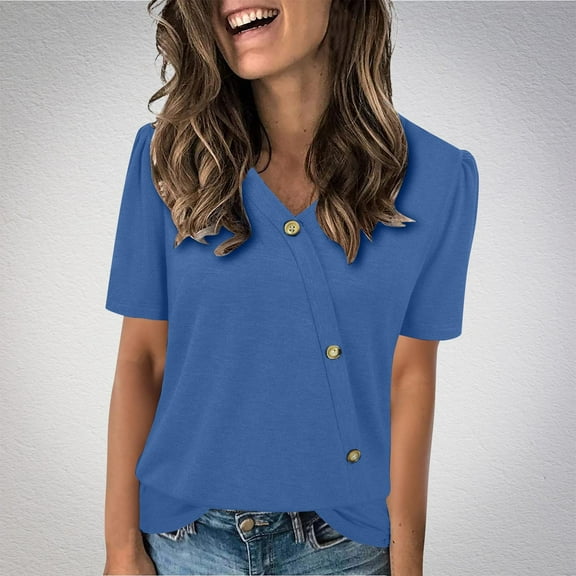 Vmvidoty Womens Short Sleeve V-Neck Shirts Beach Vacation Casual Summer Loose Fit Tops 2026 Blue XL