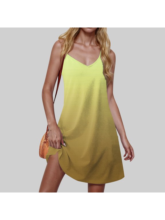 Womens Spring Summer Dresses 2026 Fashion Casual V Neck Sleeveless Gradient Beach Vacation Clothes Dresses YellowL