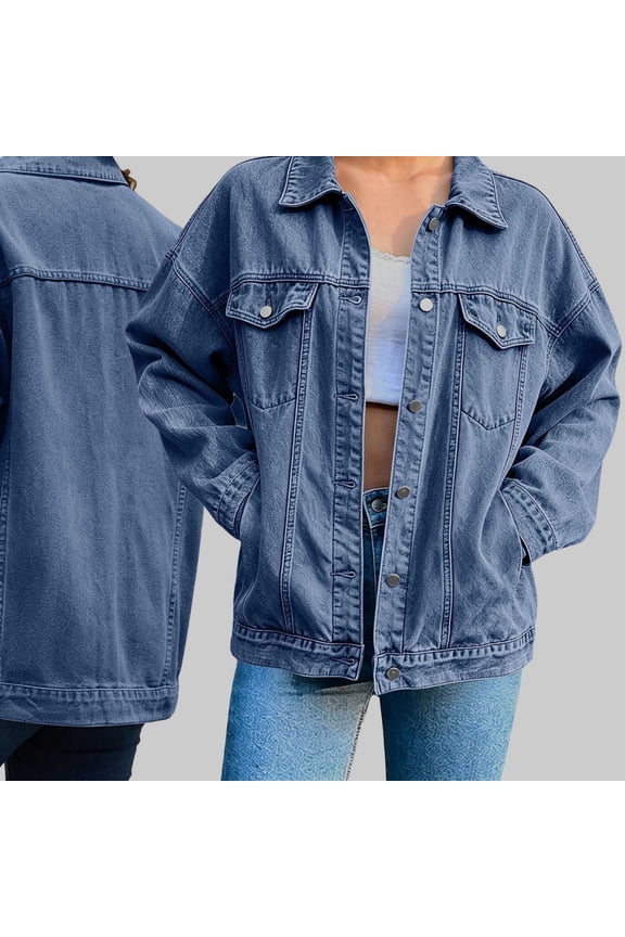 Womens Stretch Button Down Long Sleeve Pockets Denim Jean Trucker Jacket Blue S