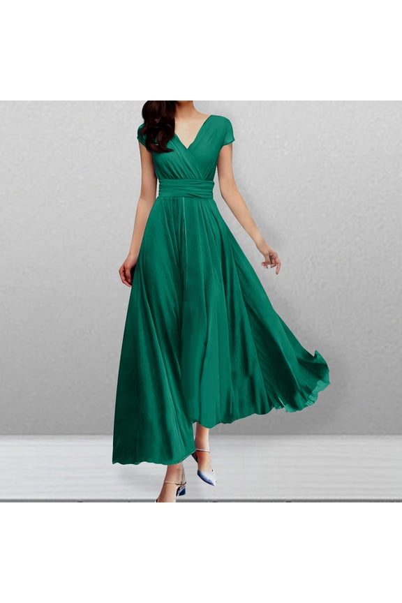 Womens Summer Chiffon Cap Short Sleeve V Neck Ruffled Wrap Wedding Bridesmaid Long Maxi Dresses Flowy Cocktail Gown Green 3XL