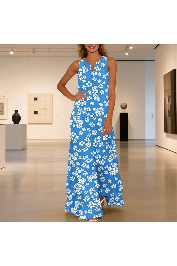 Womens Summer Long Casual Dresses 2026 - Sleeveless, V-neck, Sundress, Vacation, Beach, Travel Multicolor 4XL