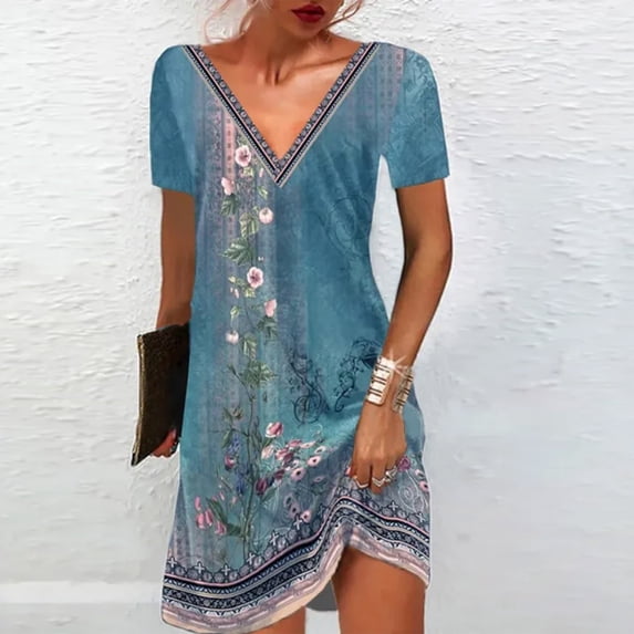 Vmvidoty Womens Summer Pronted Dress Casual Short Sleeve Mini Dresses Light Blue 5XL