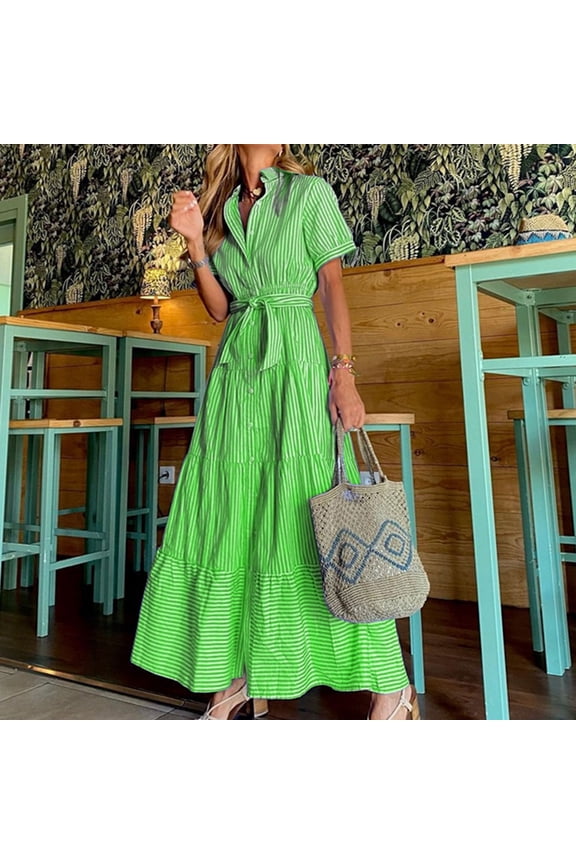 Womens Summer Striped Maxi Dressses Wrap V Neck Flutter Short Sleeve Boho Casual Flowy Long Wedding Guest Dress Green L