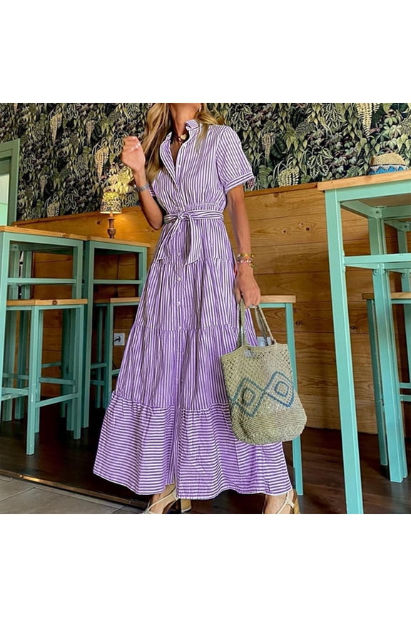 Womens Summer Striped Maxi Dressses Wrap V Neck Flutter Short Sleeve Boho Casual Flowy Long Wedding Guest Dress Purple L