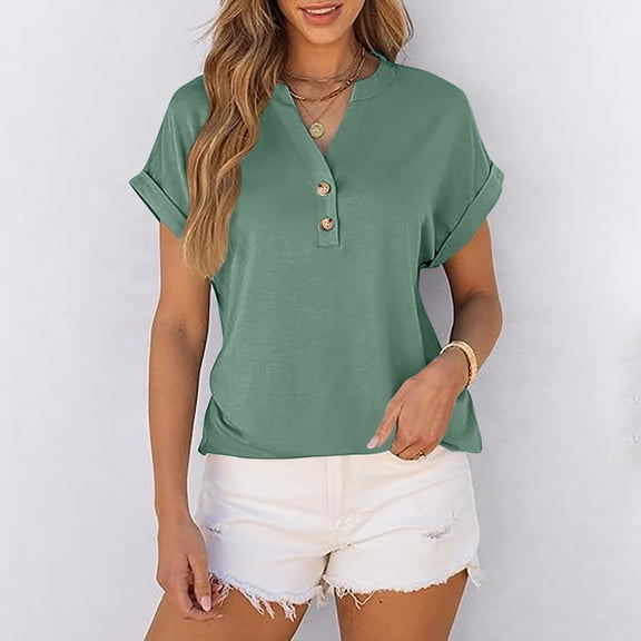 Vmvidoty Womens Summer Tops Short Sleeve Henley Tops V Neck Dressy Casual Blouses Summer Trendy Tee Shirts 2026 Vacation Fashion Clothes Green S