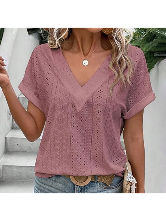 Womens T Shirts Short Sleeve V Neck Casual Summer Tops Loose Fit Basic Tees with Curved Hem Pink S