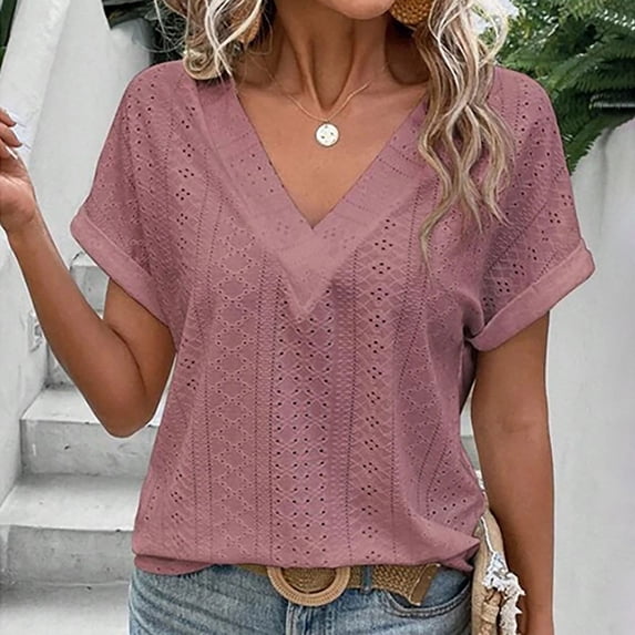 Vmvidoty Womens T Shirts Short Sleeve V Neck Casual Summer Tops Loose Fit Basic Tees with Curved Hem Pink XL