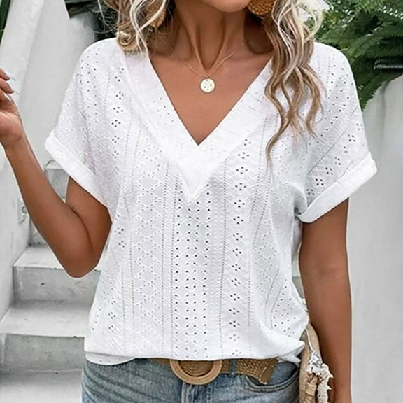 Vmvidoty Womens T Shirts Short Sleeve V Neck Casual Summer Tops Loose Fit Basic Tees with Curved Hem White XXL