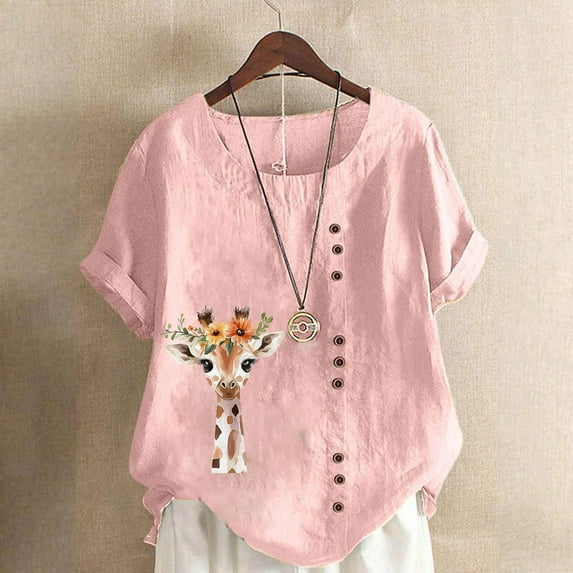 Vmvidoty Womens Tops Dressy Casual Summer Short Sleeve Floral Print Button Shirts for Women Trendy Cotton Linen Plus Size Round Neck T-Shirts Blouses for Women Plus Tunic Pink XXXXXL