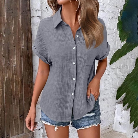 Vmvidoty Womens Button Down Shirt Short Sleeve Blouse V Neck Dressy Casual Business Work Tops with Pocket Gray L