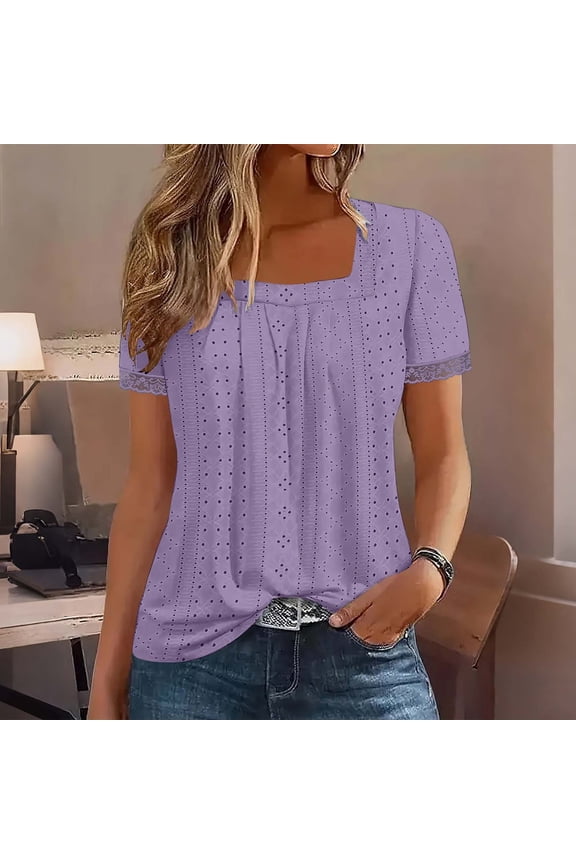 Womens Tops Square Neck Short Sleeve Summer Shirts Tunic Dressy Casual Blouses Purple L