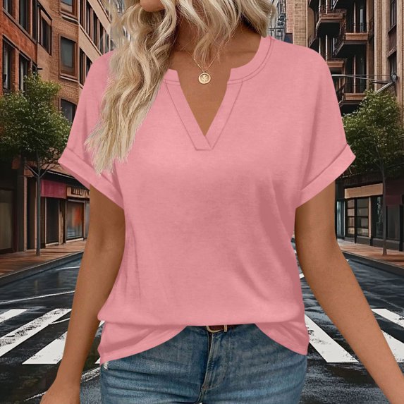Vmvidoty Womens Tops V Neck Short Sleeve Summer Shirts Tunic Dressy Casual Blouses Pink XXL