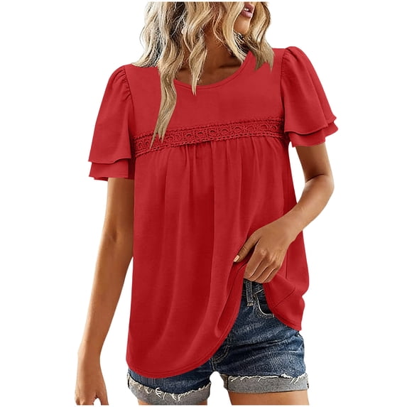 Vmvidoty Womens V Neck T-Shirt Summer Short Sleeve Dressy Pleated Casual Button Tops Eyelet Fashion Tees Red XXL