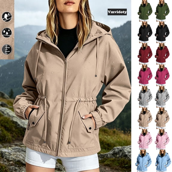 Vmvidoty Womens Waterproof Raincoat Lightweight Rain Jackets Windproof Hooded Jacket with Pockets Hiking Outfits Camping Caving Running Khaki 3XL