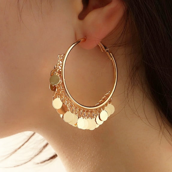 Vnanda 1 Pair Bohemian Chandelier Coin Sequins Dangle Drop Earrings Ethnic Gypsy Beads Tassel Hoops with Disc Charms Boho Ear Jewelry Women