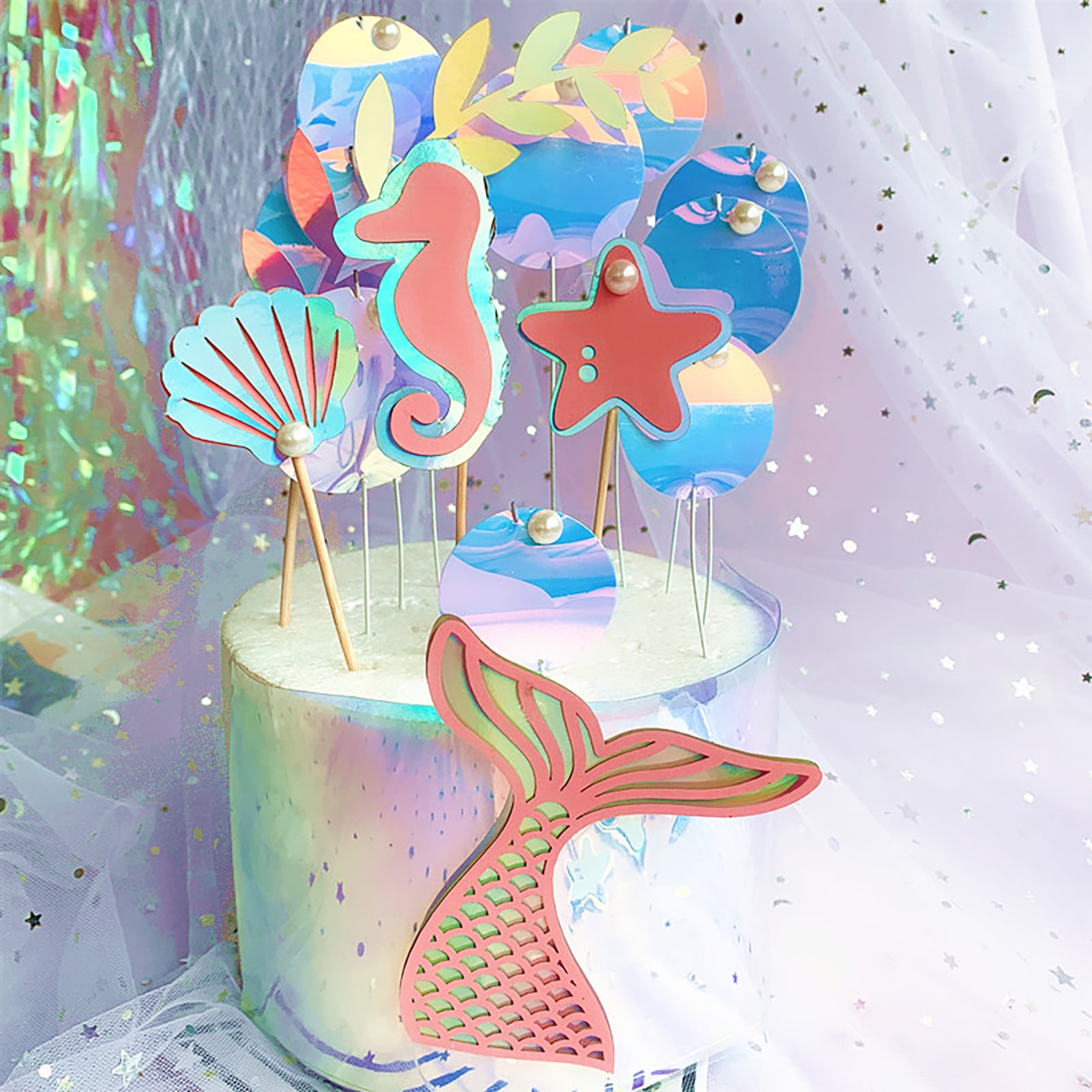 Vnanda 12Pcs/Set Glitter Mermaid Theme Birthday Cake Topper Under the ...