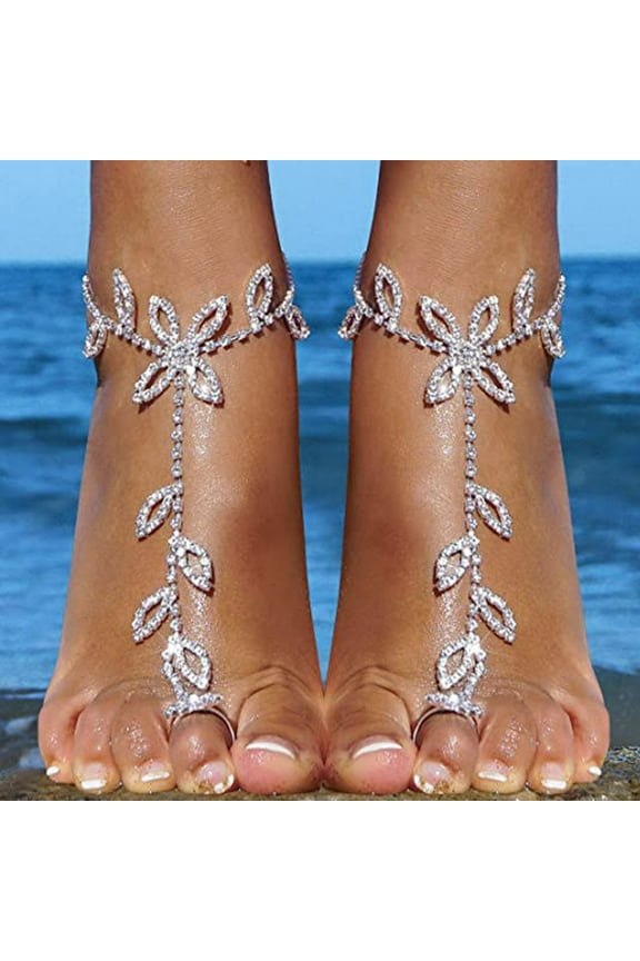2Pcs Women's Foot Chain Barefoot Sandals Beach Wedding Jewelry Anklet with Rhinestone Toe Ring