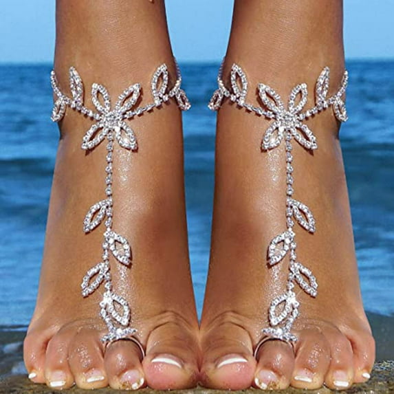 Vnanda 2Pcs Women's Foot Chain Barefoot Sandals Beach Wedding Jewelry Anklet with Rhinestone Toe Ring
