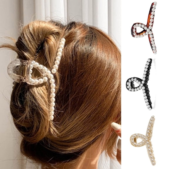 Vnanda 3Packs Large Pearl Hair Claw Clips Hair Clips Thick Long Hair Jaw Clips Barrettes Hair Accessories for Women and Girls