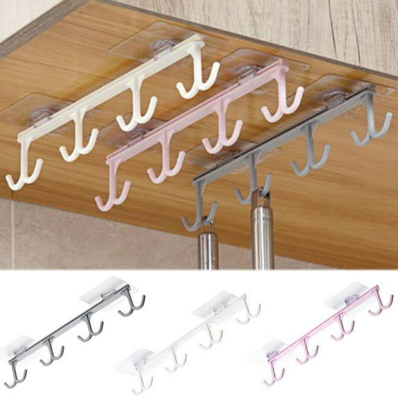 Vnanda 3Packs Mug Holder Under Cabinet Adhesive Cup Hooks Drilling Free Coffee Cups Holder Kitchen Utensil Storage Hanging Rack Without Drilling