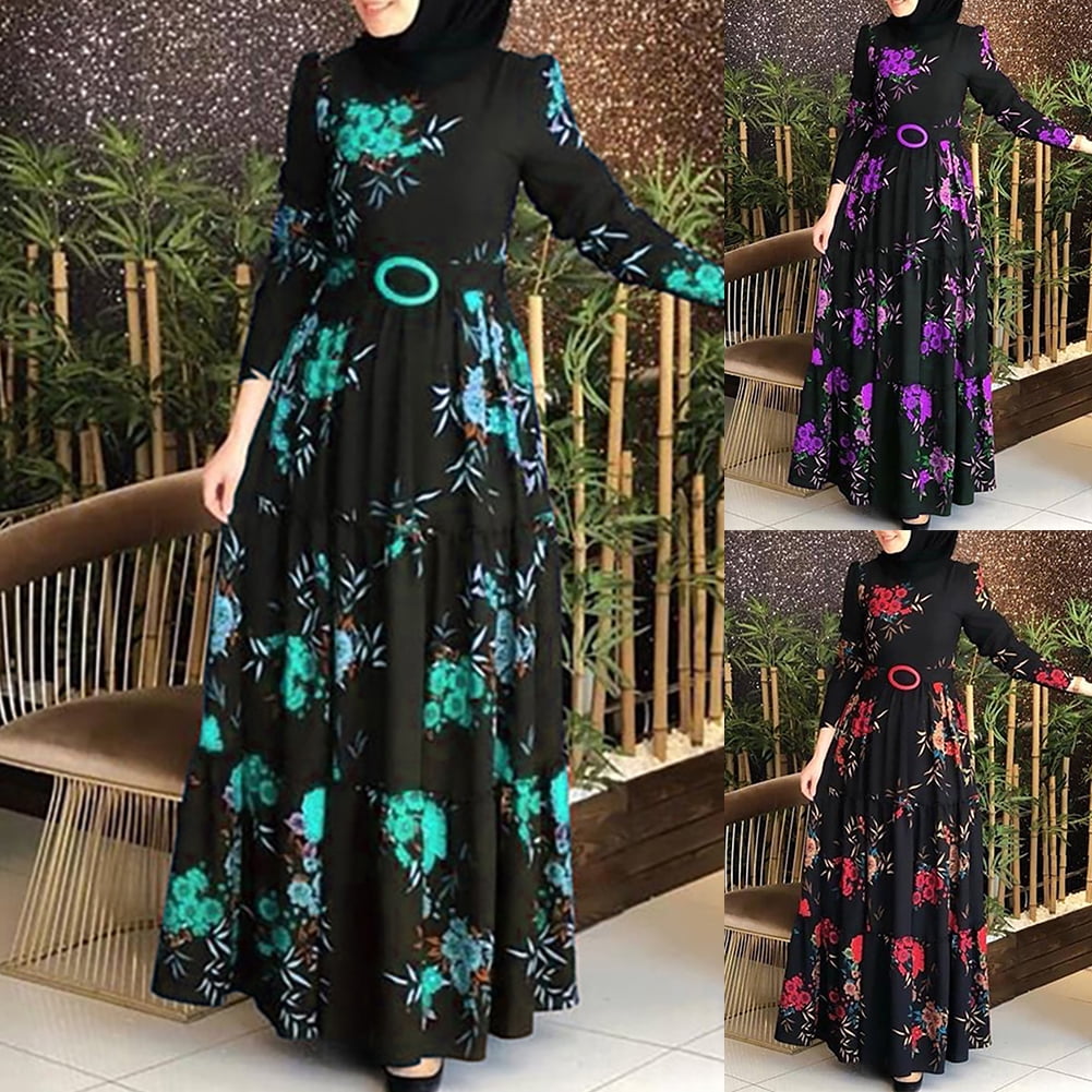 Vnanda Long Maxi Dress for Women Muslim Loose Floral Printed Robe Long  Sleeve Sun Dress Summer Dresses - Walmart.com