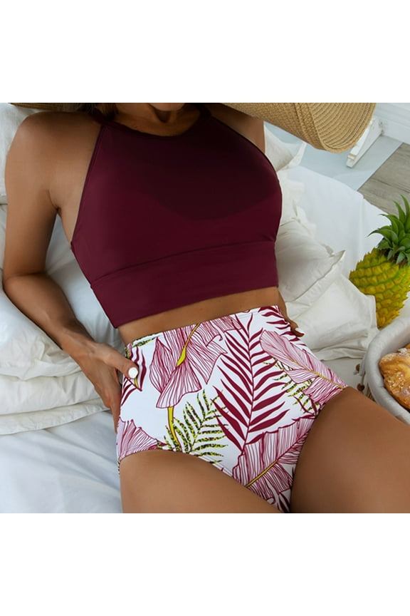 Women Two Piece Swimsuit High Waisted Bikini Set Sporty Racerback High Neck Bathing Suits with Bottom