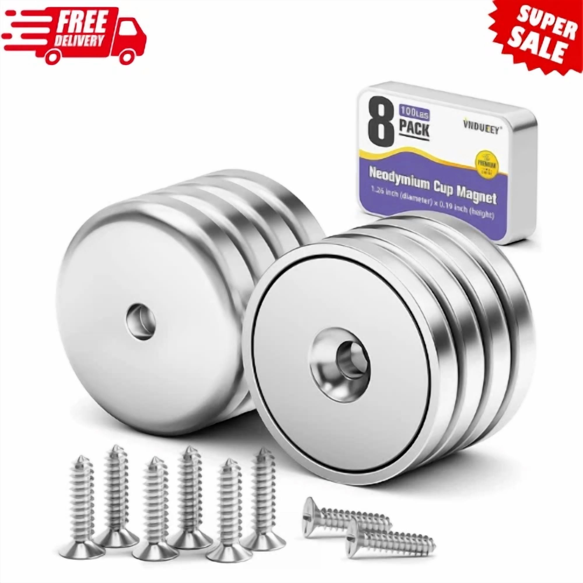 Vndueey 8 Pack Neodymium Magnet Cup 100 Lbs Pull Force Rare Earth Magnets With C