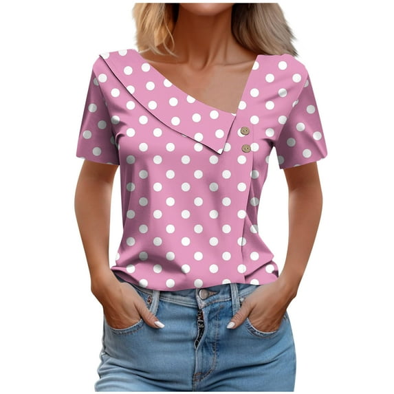 Vneck Tops for Women Tops for Women Summer, Women Polka Dot T Shirts Summer Casual Loose Fit Lightweight Tees Fashion Short Sleeve Asymmetrical V Neck Blouses
