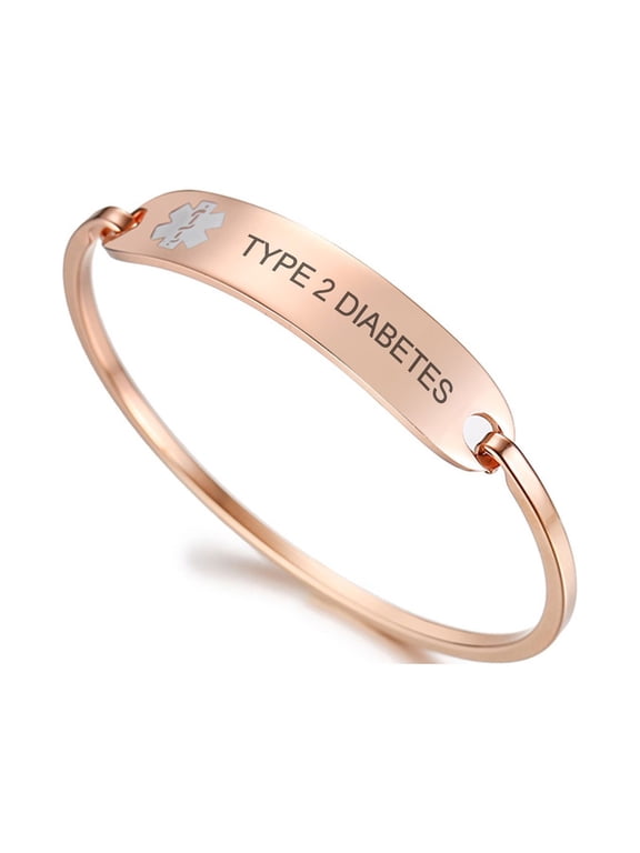 Medical Alert Bracelets, Rose Gold Stainless Steel Diabetic Cuff Bracelets for Women