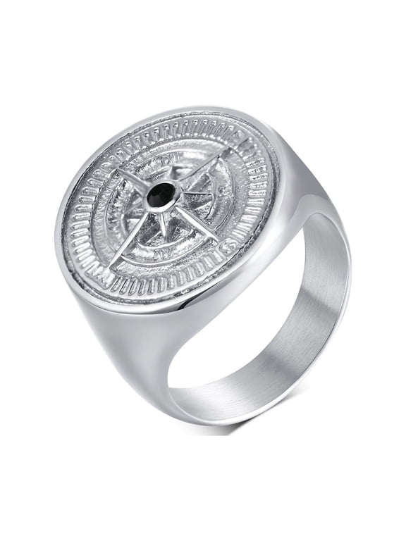 Men’s Chunky 3D Compass Ring - Heavy Round Top Signet Band Cool Punk Rock Stainless Steel Jewelry
