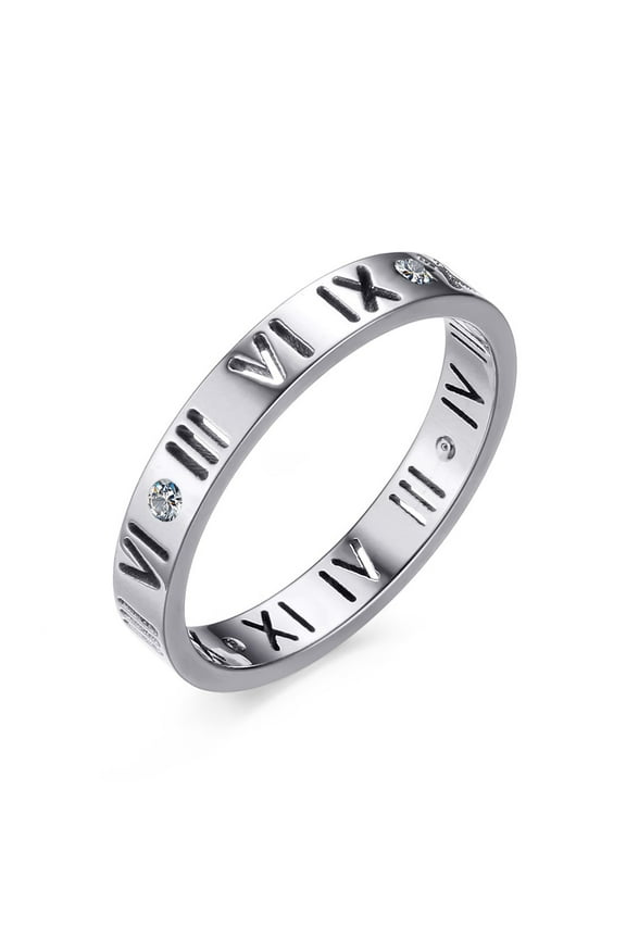 Roman Numeral Ring, Cubic Zirconia Stainless Steel Wedding Band for Women