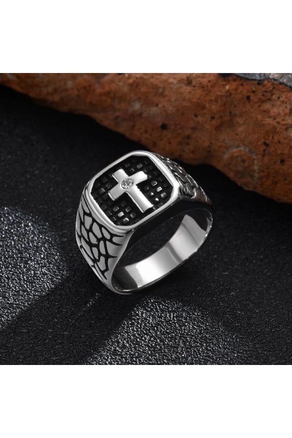 Stainless Steel Cross Ring for Men, Cast Design with Cubic Zirconia, Bold Steel Color, Fashion Men's Jewelry