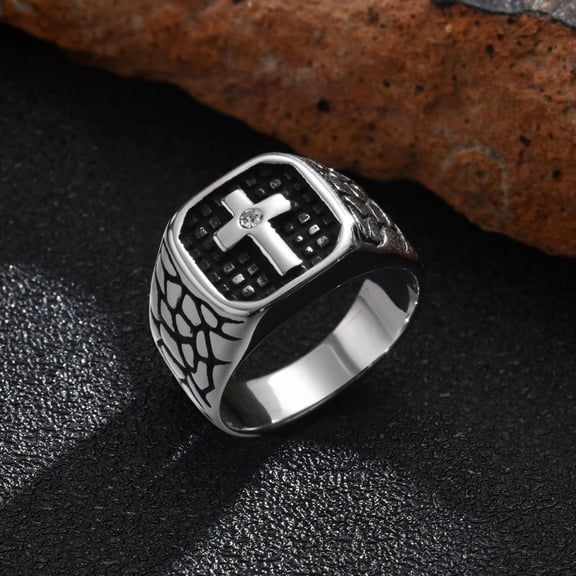 Vnox Stainless Steel Cross Ring for Men, Cast Design with Cubic Zirconia, Bold Steel Color, Fashion Men's Jewelry