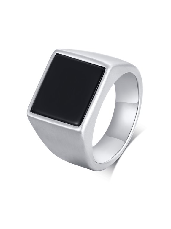 Stainless Steel Men Signet Ring-Black Gemstone Band Ring-Classic Simple Thick Men Ring Size 7-12