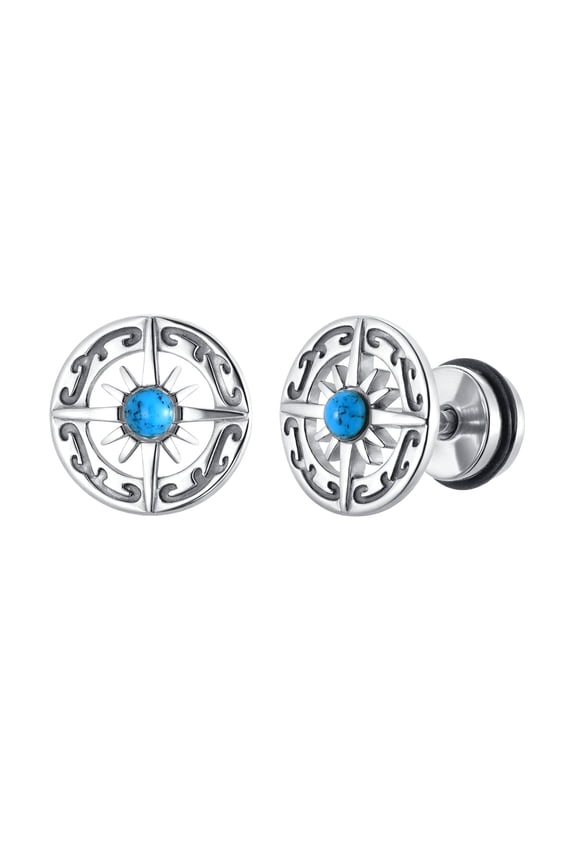 Stainless Steel Turquoise Compass Earrings for Men, Gold Plated Round Studs with Retro Pattern, Mens Fashion Jewelry