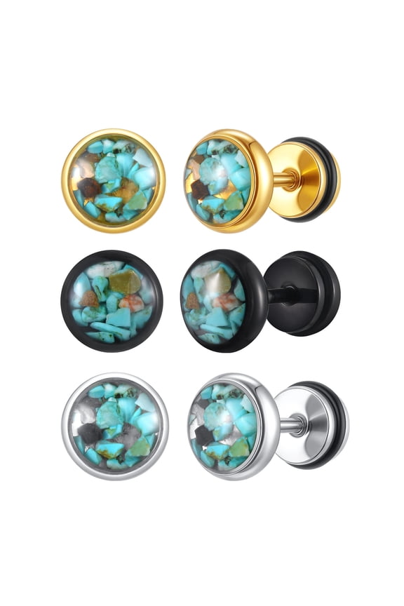 Stainless Steel Turquoise Epoxy Round Stud Earrings for Men, Black/Gold/Steel Color, Screw Thread Post, Casual Trendy Design