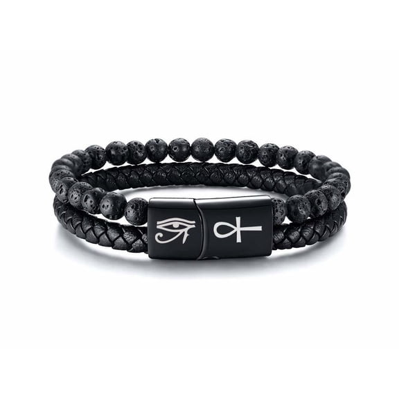 Vnox Two-strand Braided Leather Cuff Wristband Bead Rope Bracelet, Eye of Horus Bracelet, Ankh Bracelet for men