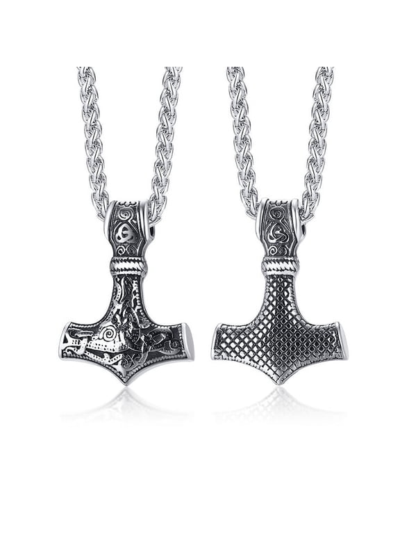 Viking Thor's Hammer Necklace, Stainless Steel Norse Viking Necklace, Amulet Mjolnir Pendant for Men