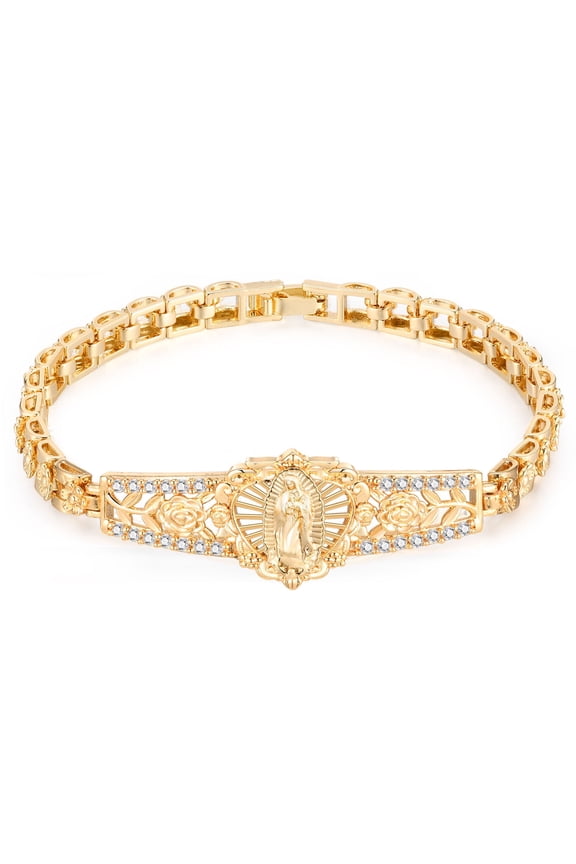 Virgin Mary Bracelet for Women, Gold-Plated Copper Hollow Zircon Ellipse Pendant Bangle, Vintage Religious Jewelry