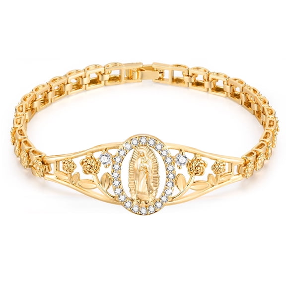 Vnox Virgin Mary Bracelet for Women, Gold-Plated Copper Hollow Zircon Ellipse Pendant Bangle, Vintage Religious Jewelry
