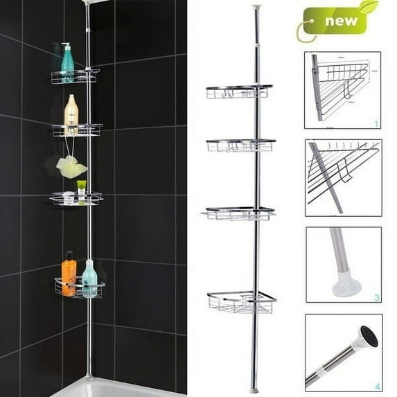Vobor Bathroom Shower Corner Metal Tension Pole Adjustable 4 Baskets Storage Rack Shelf