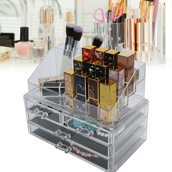 Vobor Makeup Organizer Makeup Storage Organizer Box with 4 Drawers for Lipstick Jewerly and Makeup Brushes, Stackable Cosmetic Display Cases for Dresser and Bathroom Countertop